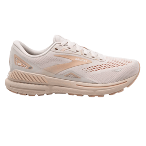 Brooks running shoe in a light peach color, featuring mesh upper for breathability and cushioning sole for comfort.