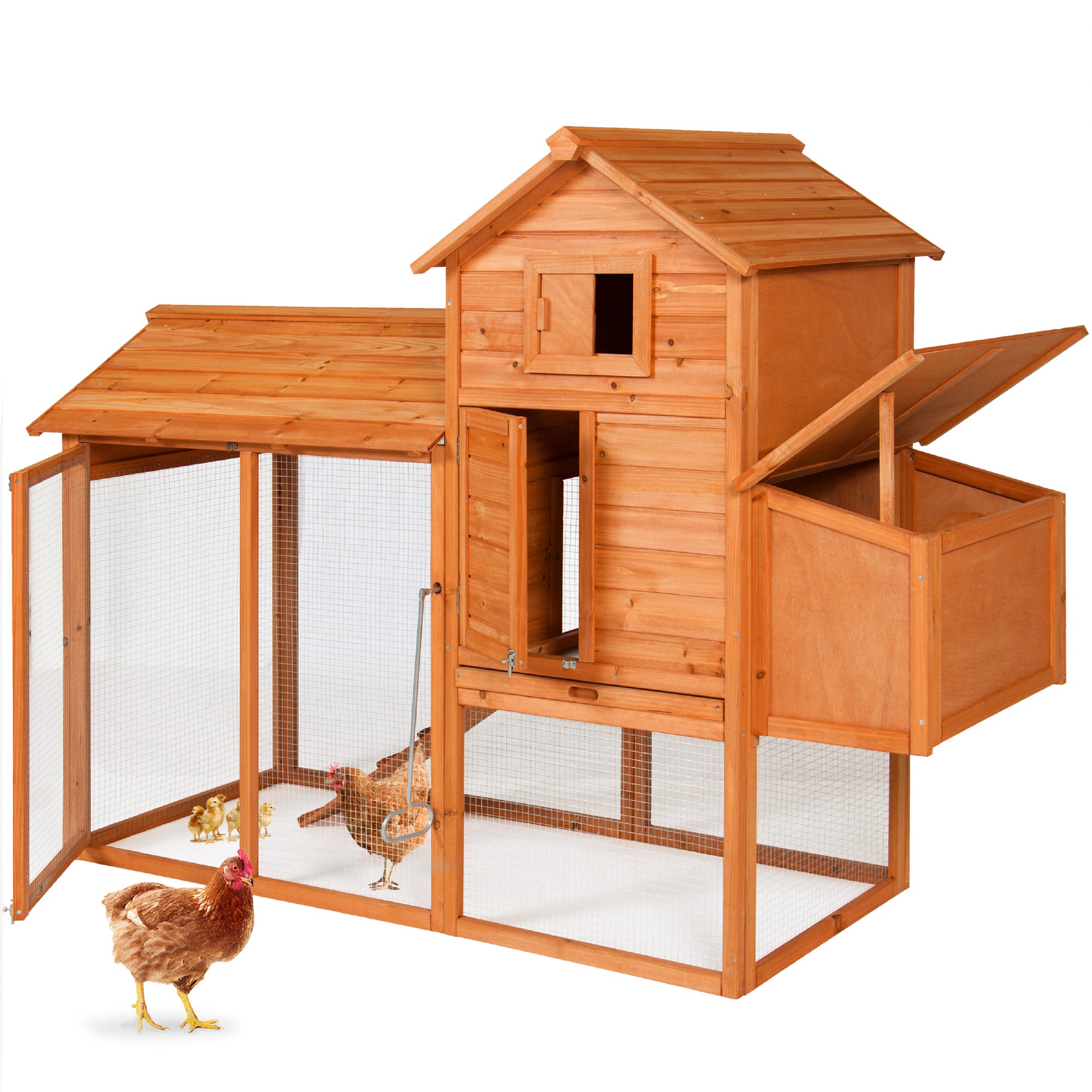 A wooden chicken coop with an enclosed run, nesting box with a hinged roof, and an upper living area with a window. Three chickens are visible, one outside and two inside the enclosure.