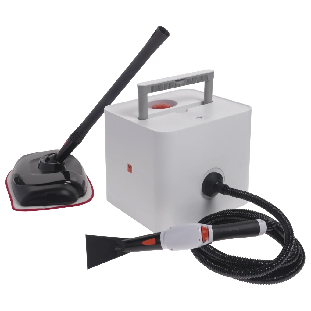A white Sharper Image steam cleaner with a black and red mop head attachment, a black hose and handle, and a compact rectangular body with a carrying handle.