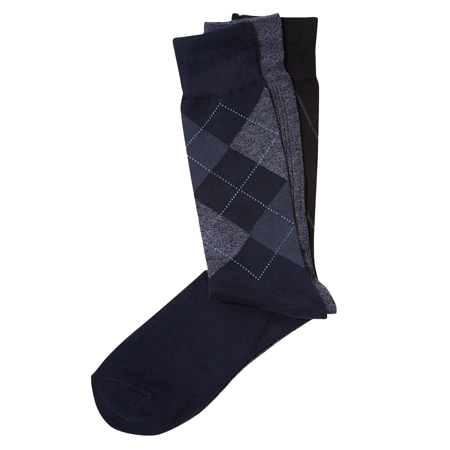 3-pack of Perry Ellis dress socks featuring one pair with a navy and gray argyle pattern and two pairs in solid dark colors.