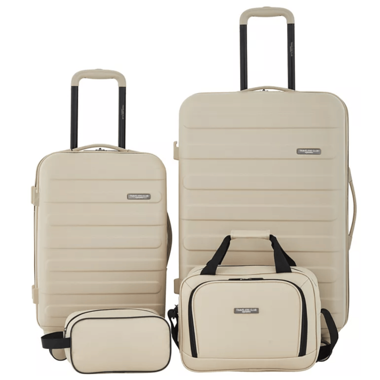 A four-piece luggage set in beige, featuring two wheeled suitcases with telescopic handles, a shoulder bag, and a toiletry bag.