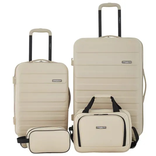 A four-piece luggage set in beige, featuring two wheeled suitcases with telescopic handles, a shoulder bag, and a toiletry bag.