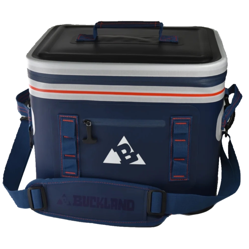A blue and black Buckland cooler bag with a shoulder strap and handle, featuring a front zipper pocket and orange stripe accents.