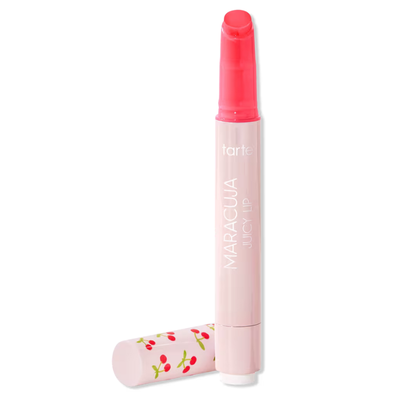 Tarte Maracuja Juicy Lip in a light pink tube with cherry-themed cap, featuring a coral-colored balm.