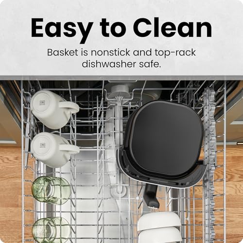 Air fryer basket shown in a dishwasher's top rack, demonstrating its nonstick, dishwasher-safe feature.
