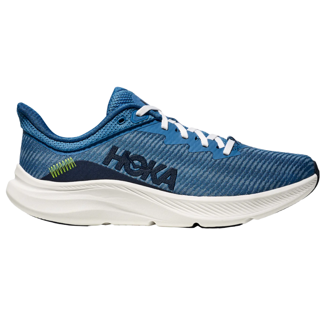 Blue Hoka athletic shoe with white sole, white laces, and Hoka branding on the side.