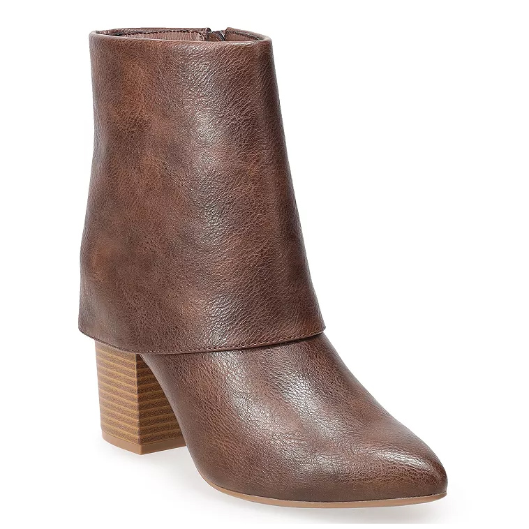 Brown ankle boot with a chunky stacked heel and a smooth faux leather finish.