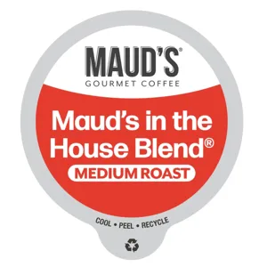 Maud's Gourmet Coffee, \“Maud's in the House Blend,\“ Medium Roast. Features recycling instructions: Cool, Peel, Recycle.