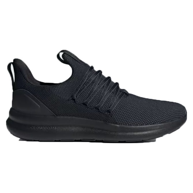 A black athletic sneaker with laces and a pull loop on the heel.