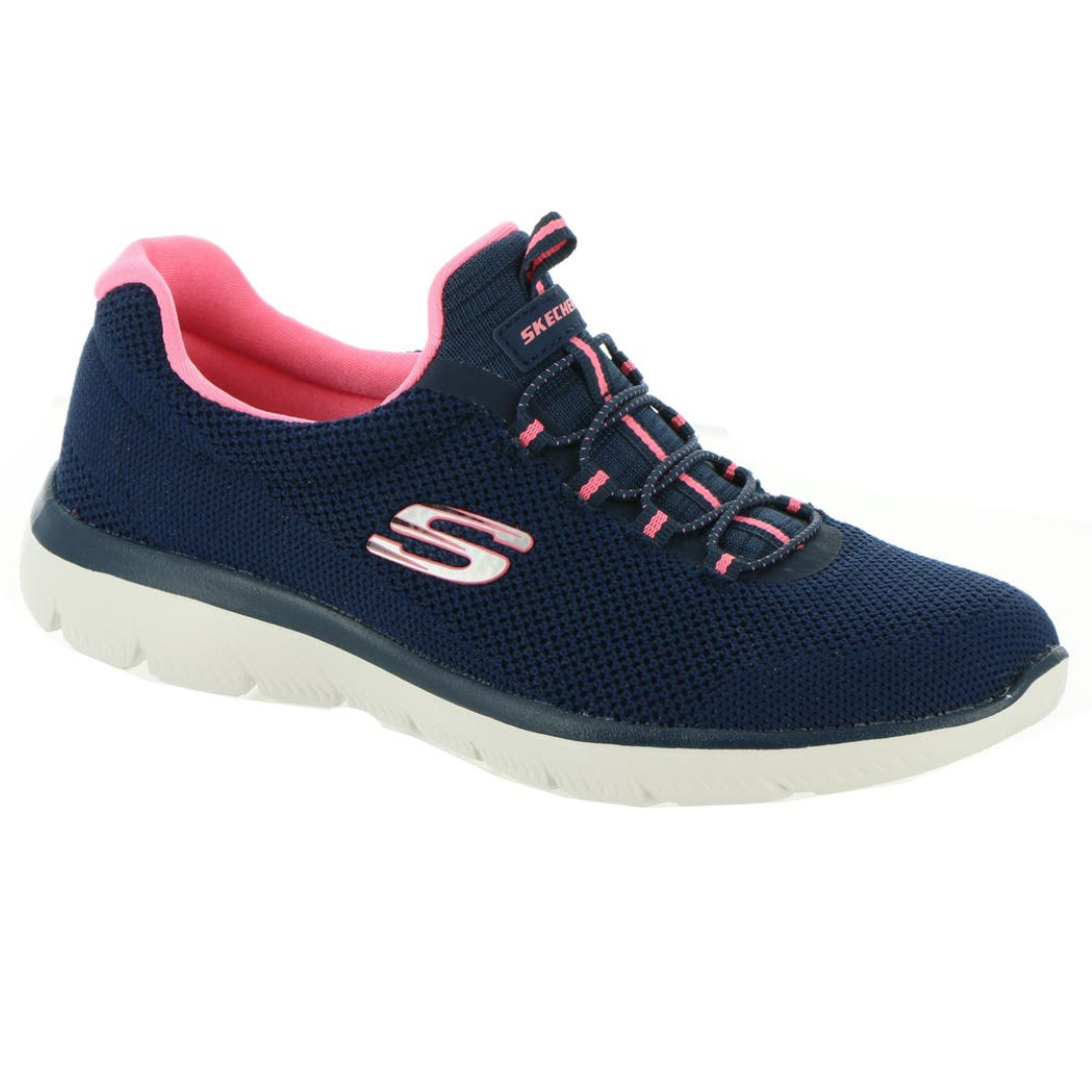 A navy blue Skechers sneaker with pink accents, featuring a mesh upper, slip-on design, and white sole.
