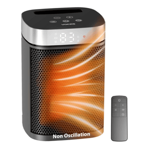 A compact space heater with digital controls and remote, featuring a non-oscillation design and a visible heating element.