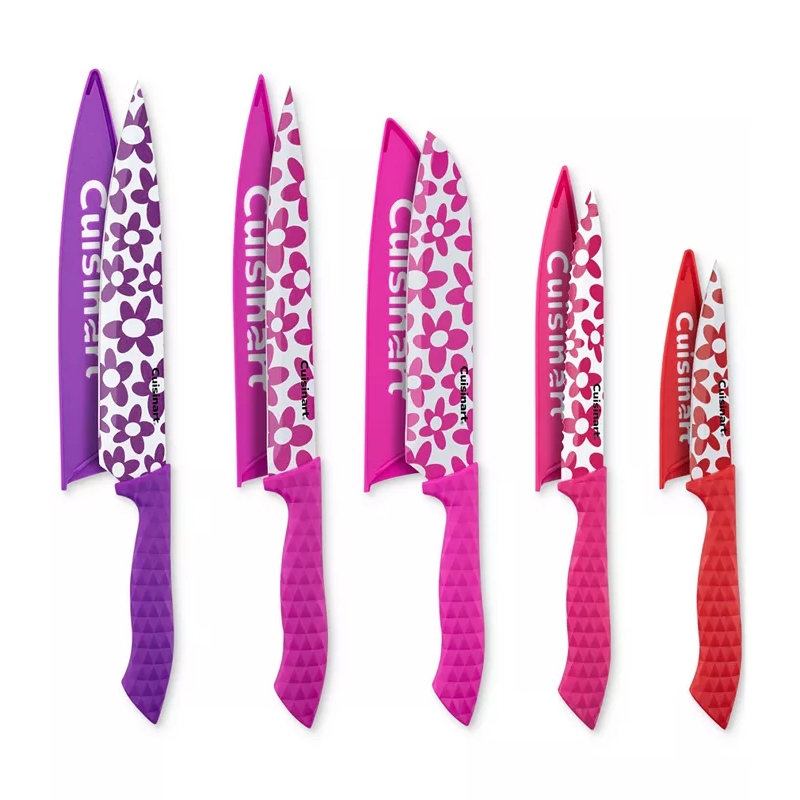 The 10-piece Cuisinart Cutlery Set features five multicolored knives with floral designs and matching blade guards. Each knife has a textured handle in shades of purple, pink, fuchsia, and red.