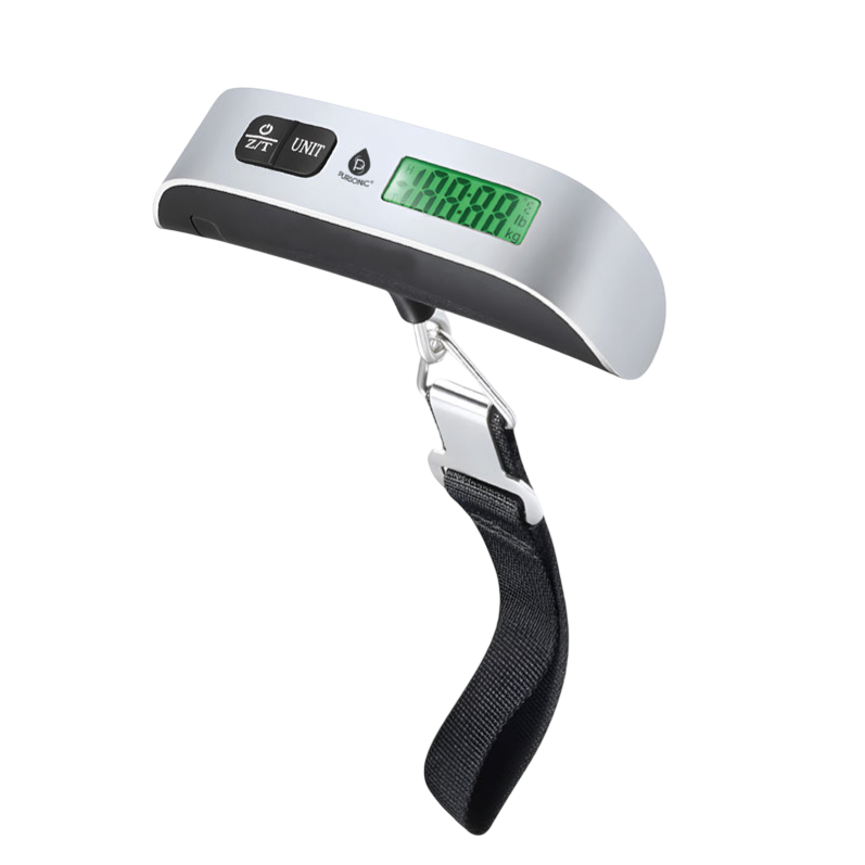 A digital luggage scale with a black strap and metal hook, featuring a display for weight measurements in pounds and kilograms alongside buttons for power, unit selection, and tare functions.