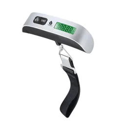 A digital luggage scale with a black strap and metal hook, featuring a display for weight measurements in pounds and kilograms alongside buttons for power, unit selection, and tare functions.