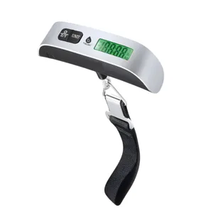 A digital luggage scale with a black strap and metal hook, featuring a display for weight measurements in pounds and kilograms alongside buttons for power, unit selection, and tare functions.