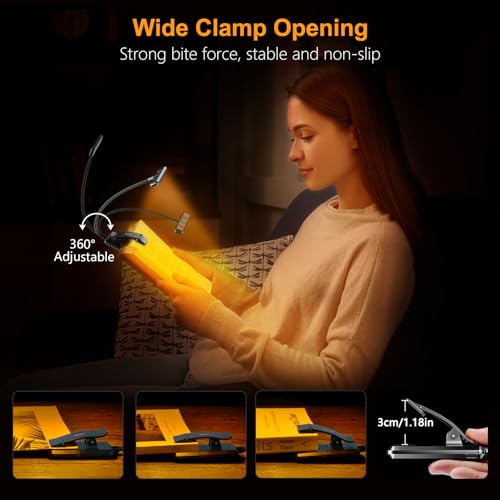 A woman uses an adjustable clip-on book light with a wide clamp opening for stable and non-slip grip. The light offers 360-degree adjustability, and the clamp opens up to 3 cm (1.18 in).