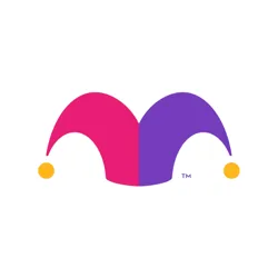A stylized jester hat logo, split vertically into pink and purple halves with yellow circles at the tips, likely representing a brand or company identity.
