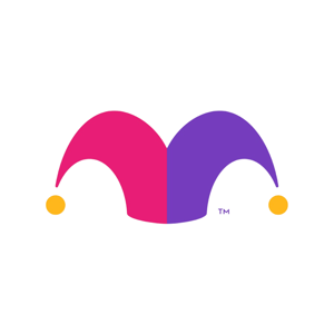 A stylized jester hat logo, split vertically into pink and purple halves with yellow circles at the tips, likely representing a brand or company identity.