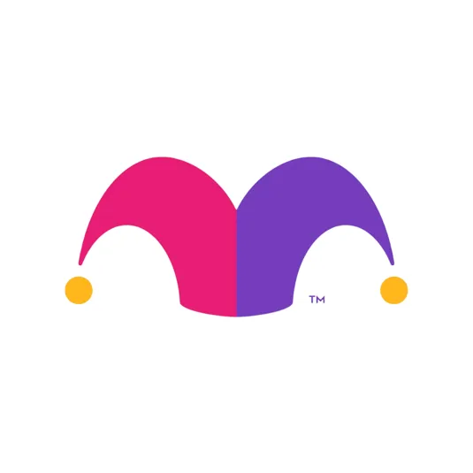 A stylized jester hat logo, split vertically into pink and purple halves with yellow circles at the tips, likely representing a brand or company identity.