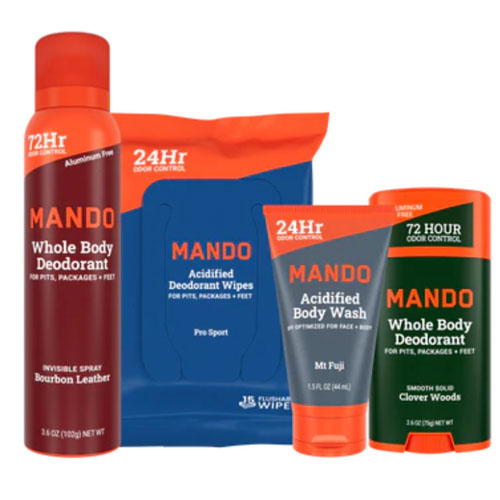 Mando deodorant products for whole body use are shown, including an invisible spray, acidified deodorant wipes, body wash, and a smooth solid stick, offering 24 to 72-hour odor control in various scents like Bourbon Leather, Mt Fuji, and Clover Woods.