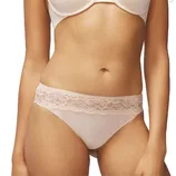 A model is wearing a light pink bra and matching panties featuring a lace waistband.