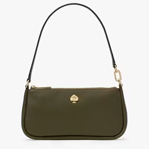 The Kayla Convertible Wristlet is an olive green, pebbled leather bag featuring a gold spade logo, a removable shoulder strap, and a zipper closure. Its sleek design allows for versatility, functioning as both a handbag and a wristlet.