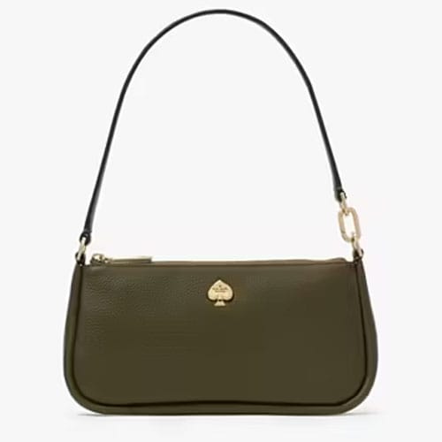 The Kayla Convertible Wristlet is an olive green, pebbled leather bag featuring a gold spade logo, a removable shoulder strap, and a zipper closure. Its sleek design allows for versatility, functioning as both a handbag and a wristlet.