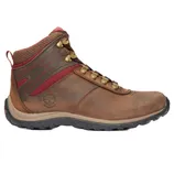 Brown waterproof hiking boot with red accents, gold eyelets, and a durable rubber sole.