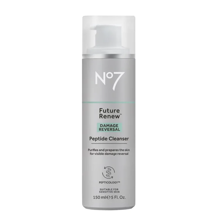 No7 Future Renew Damage Reversal Peptide Cleanser, 150 ml, purifies and prepares skin for visible damage reversal, suitable for sensitive skin.