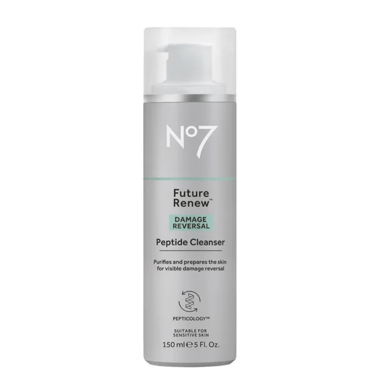 No7 Future Renew Damage Reversal Peptide Cleanser, 150 ml, purifies and prepares skin for visible damage reversal, suitable for sensitive skin.