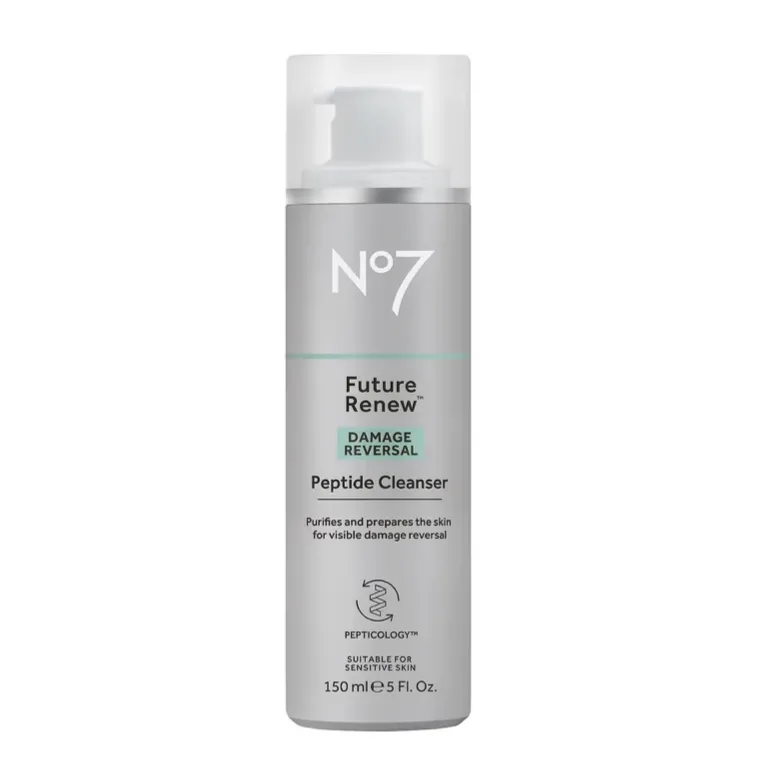No7 Future Renew Damage Reversal Peptide Cleanser, 150 ml, purifies and prepares skin for visible damage reversal, suitable for sensitive skin.
