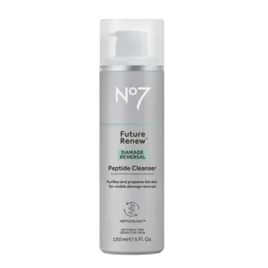 No7 Future Renew Damage Reversal Peptide Cleanser, 150 ml, purifies and prepares skin for visible damage reversal, suitable for sensitive skin.