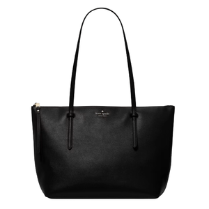 A black leather tote bag with two shoulder straps and a subtle logo on the front, featuring a zipper closure.