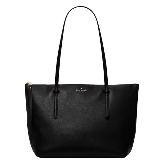 A black leather tote bag with two shoulder straps and a subtle logo on the front, featuring a zipper closure.