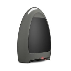 An egg-shaped gray trash can with a motion sensor near the base to open the lid automatically.