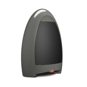 An egg-shaped gray trash can with a motion sensor near the base to open the lid automatically.