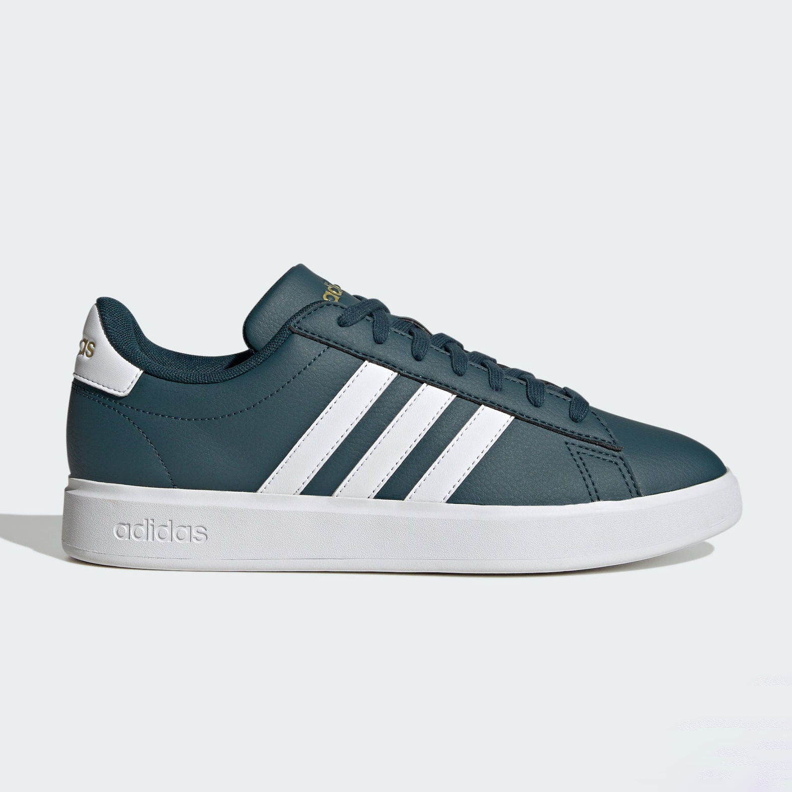A single dark green Adidas sneaker with white stripes and sole.