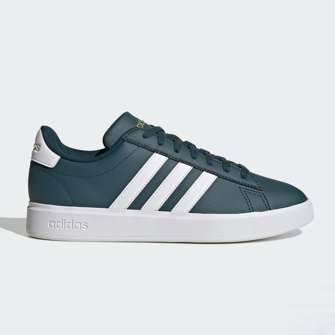 A single dark green Adidas sneaker with white stripes and sole.