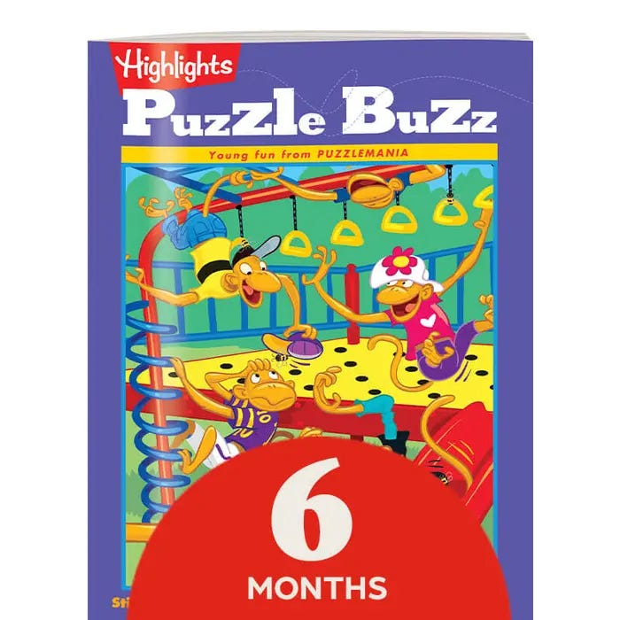 Six-Month Subscription to Puzzle Buzz offers engaging activities and puzzles for young children, featuring colorful and playful themes. Designed for fun and cognitive development, ideal for kids who enjoy problem-solving.
