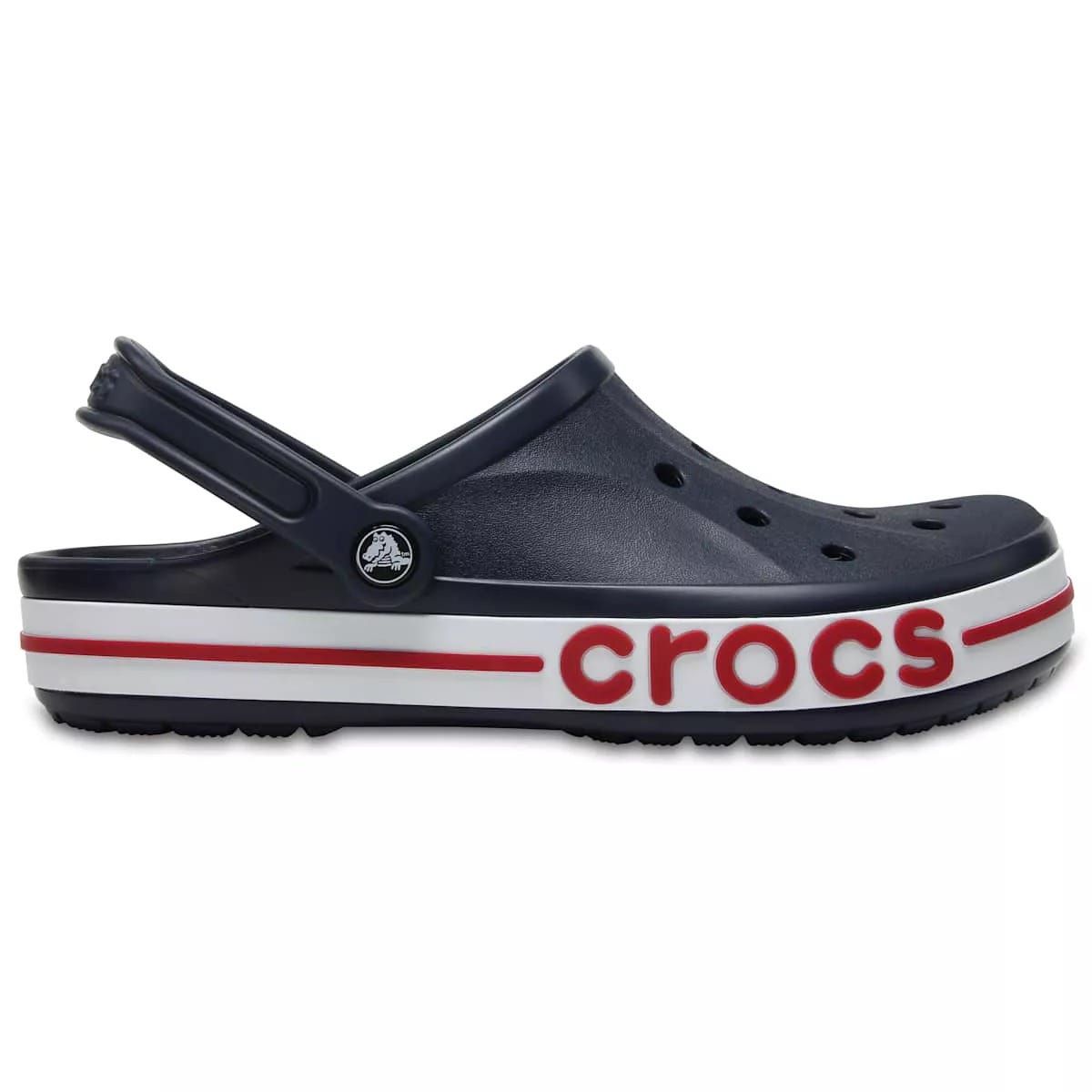 Navy blue Crocs Adult Bayaband Clogs with a sporty design, featuring a white sole, red stripe, and large red \“crocs\“ text on the side. They have ventilation ports and an adjustable heel strap.