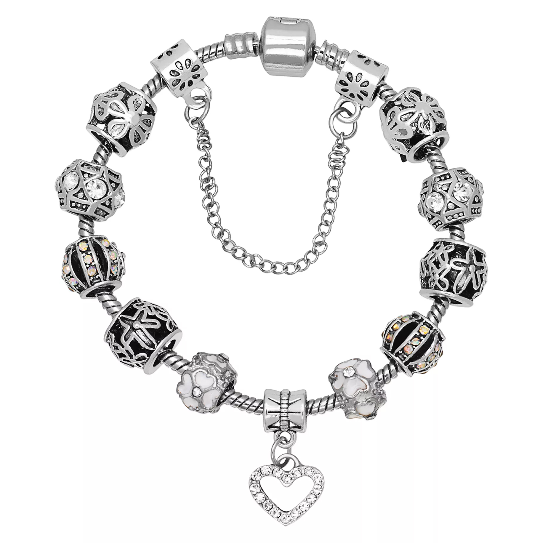 A silver charm bracelet featuring a variety of intricately designed beads, some with floral and geometric patterns, and a heart-shaped pendant with small crystals.