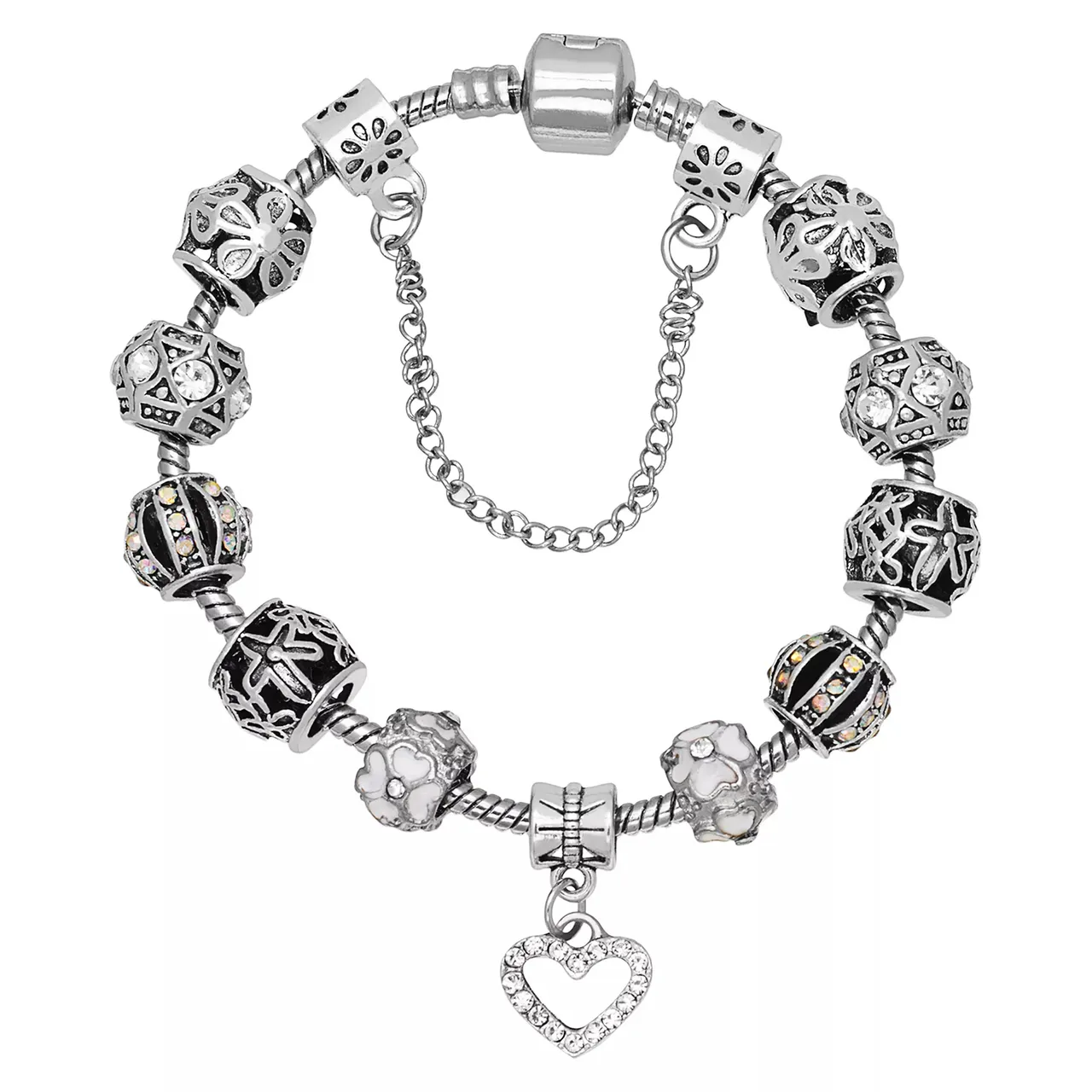 A silver charm bracelet featuring a variety of intricately designed beads, some with floral and geometric patterns, and a heart-shaped pendant with small crystals.