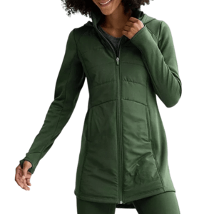 A person is wearing a long, green zip-up jacket with a fitted design, featuring a high collar and long sleeves. The outfit is complemented by matching green leggings.
