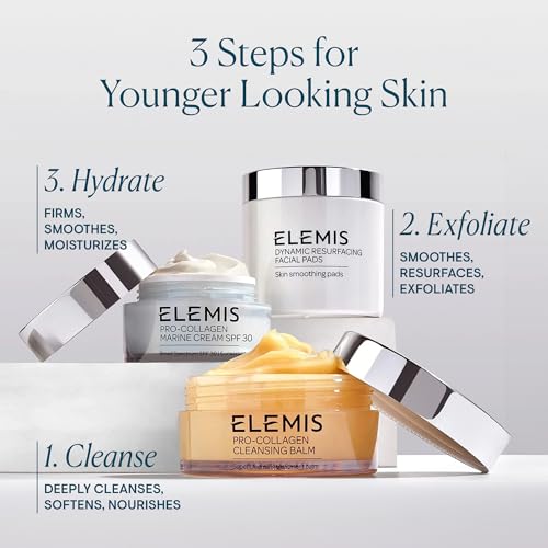 Elemis skincare routine includes Pro-Collagen Cleansing Balm, Dynamic Resurfacing Facial Pads, and Pro-Collagen Marine Cream SPF 30 to cleanse, exfoliate, and hydrate for younger-looking skin.