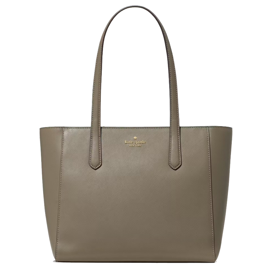 A taupe Kate Spade New York tote bag with dual handles and a saffiano leather finish.
