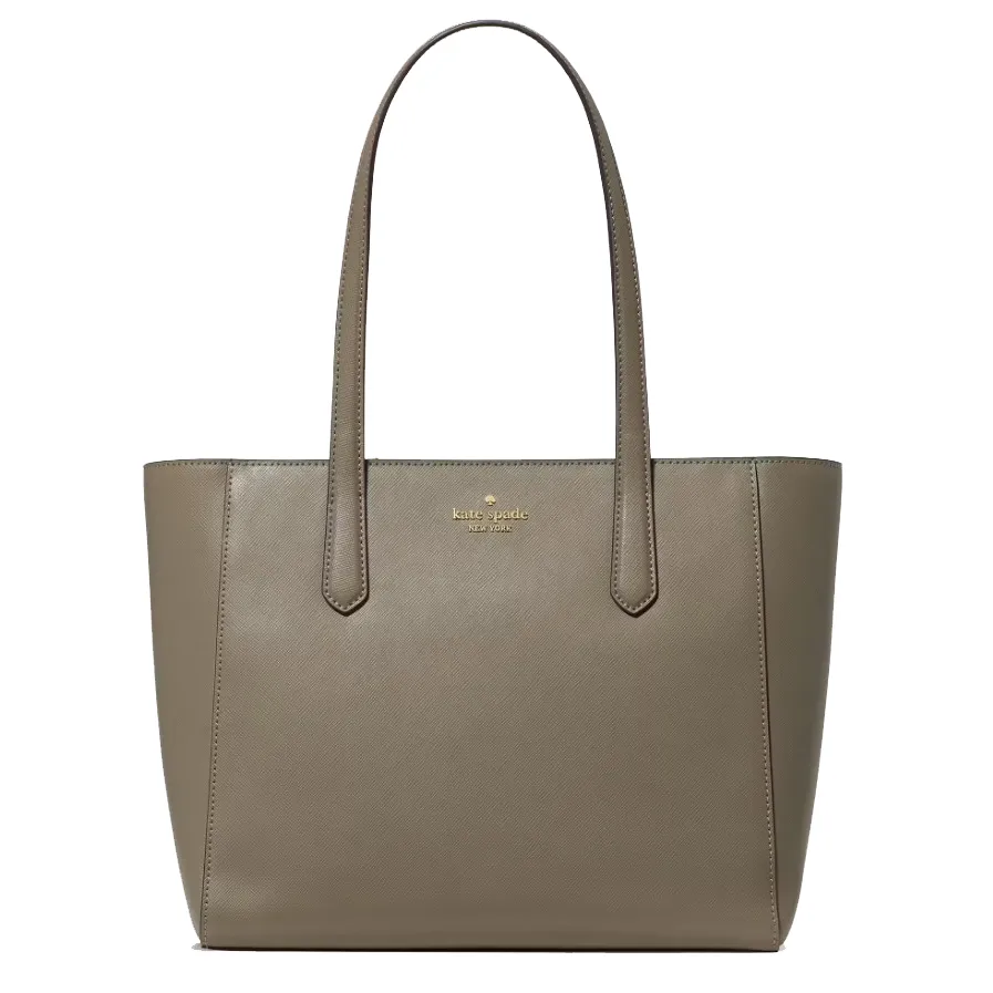A taupe Kate Spade New York tote bag with dual handles and a saffiano leather finish.