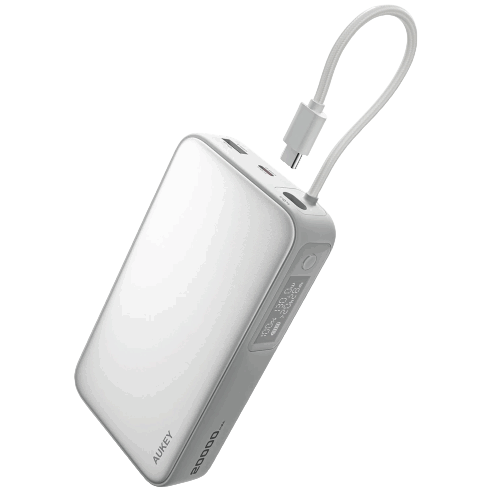 A white AUKEY power bank with a built-in cable, featuring multiple ports and a 20,000mAh capacity.