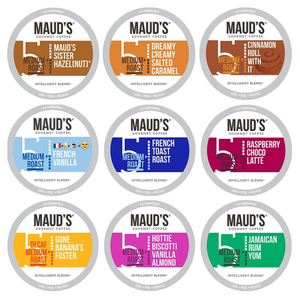 Maud's Flavored Coffee Pods 40ct includes various flavors such as Maud's Sister Hazelnut, Dreamy Creamy Salted Caramel, Cinnamon Roll, French Vanilla, French Toast Roast, Raspberry Choco Latte, Gone Banana's Foster, Hottie Biscotti Vanilla Almond, and Jamaican Rum Yum.