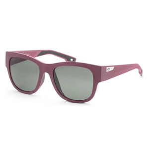 Purple square-shaped sunglasses with dark lenses and a small metal logo on the temples.