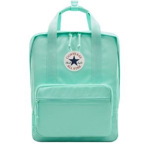 Mint green Converse All Star backpack with front zipper pocket and two adjustable shoulder straps. Features a round logo patch on the front.